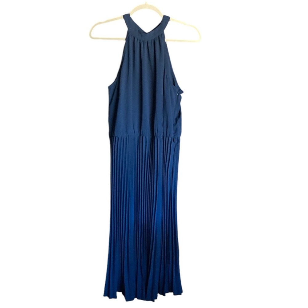 New sleeveless halter neck pleated midi dress in blue women’s size Large